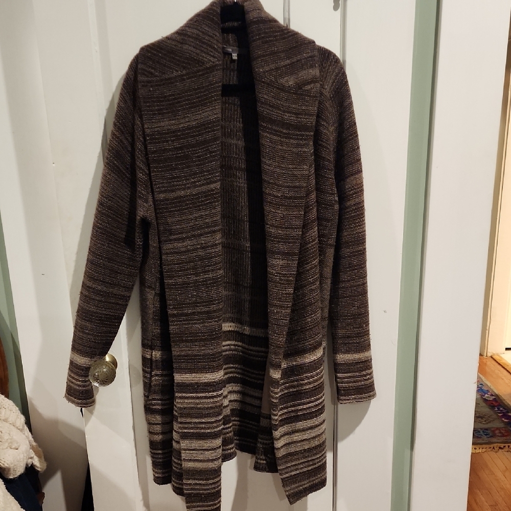 VINCE Striped Brown Open Front Cardigan